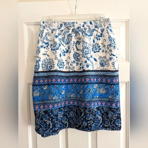 LOFT Tie Elastic Waist Blue Floral Skirt Size XS